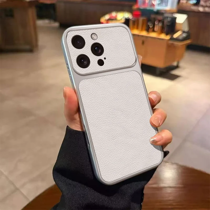 For iPhone 16 Pro Max Case PU Leather Texture Shockproof TPU Protective Phone Cover - White