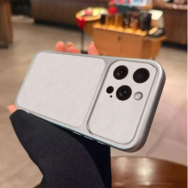 For iPhone 16 Pro Max Case PU Leather Texture Shockproof TPU Protective Phone Cover - White