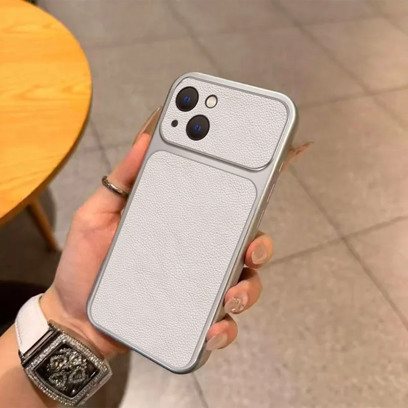 For iPhone 15 Case PU Leather Texture Shockproof TPU Protective Phone Cover - White