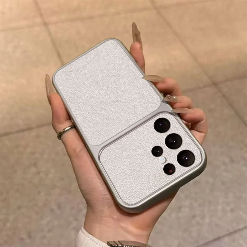 For Samsung Galaxy S25 Ultra Case PU Leather Texture Shockproof TPU Protective Phone Cover - White