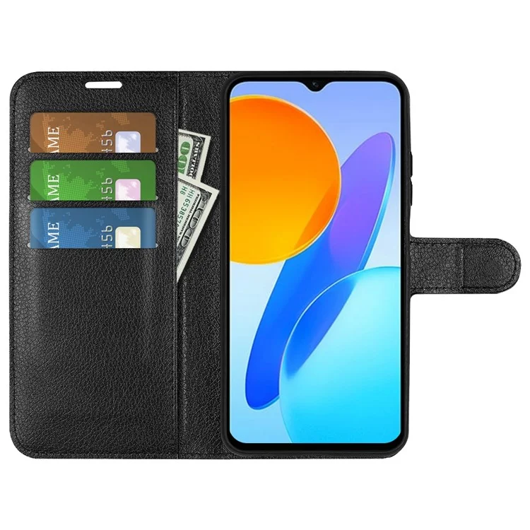 For Honor X8 5G Stand Wallet Phone Case Litchi Texture PU Leather + TPU Folio Flip Magnetic Clasp Cover - Schwarz
