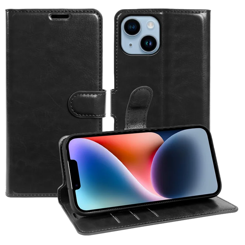 For iPhone 14 Wallet Case Crazy Horse Texture Leather Flip Phone Cover with Magnetic Closure - Black