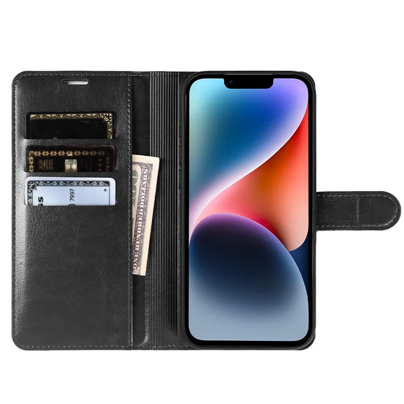 For iPhone 14 Wallet Case Crazy Horse Texture Leather Flip Phone Cover with Magnetic Closure - Black