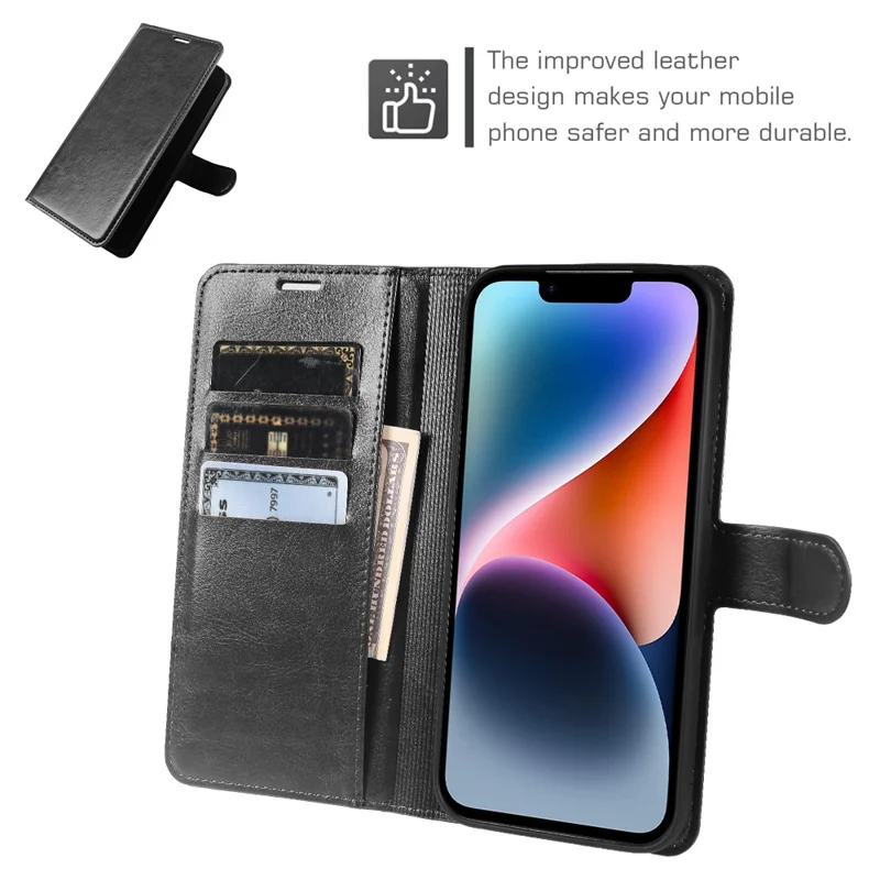 For iPhone 14 Wallet Case Crazy Horse Texture Leather Flip Phone Cover with Magnetic Closure - Black