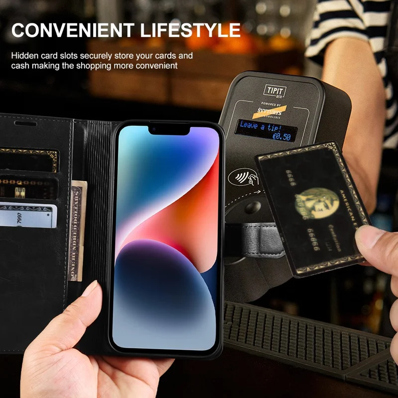 For iPhone 14 Wallet Case Crazy Horse Texture Leather Flip Phone Cover with Magnetic Closure - Black