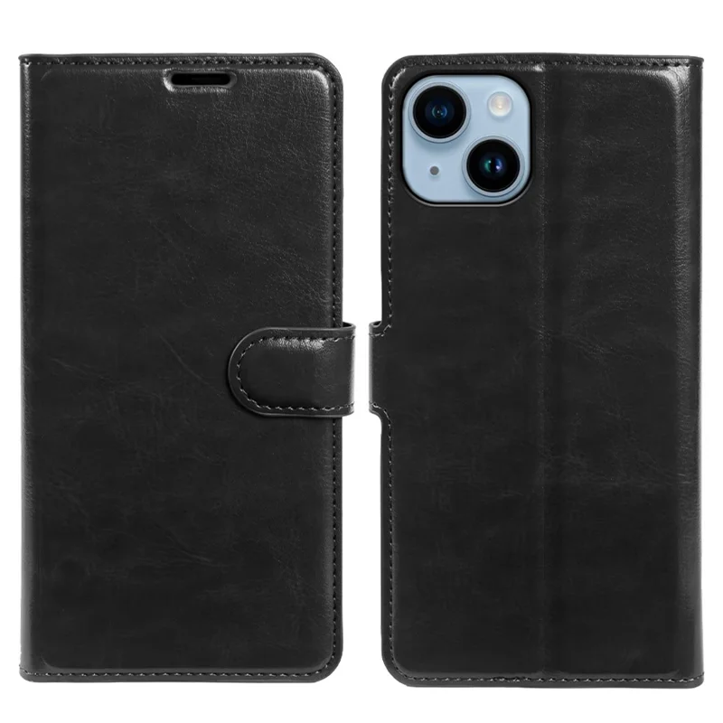 For iPhone 14 Wallet Case Crazy Horse Texture Leather Flip Phone Cover with Magnetic Closure - Black