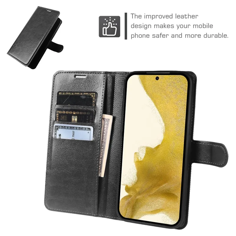 For Samsung Galaxy S22 5G Wallet Case Crazy Horse Texture Leather Flip Phone Cover with Magnetic Closure - Black