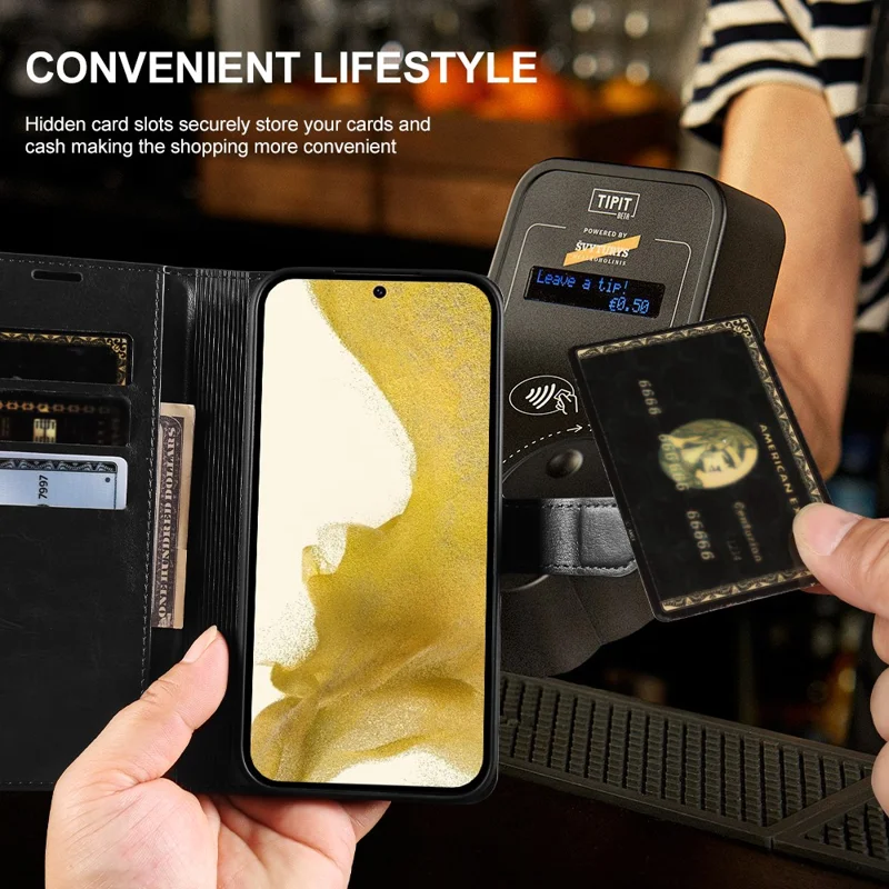 For Samsung Galaxy S22 5G Wallet Case Crazy Horse Texture Leather Flip Phone Cover with Magnetic Closure - Black