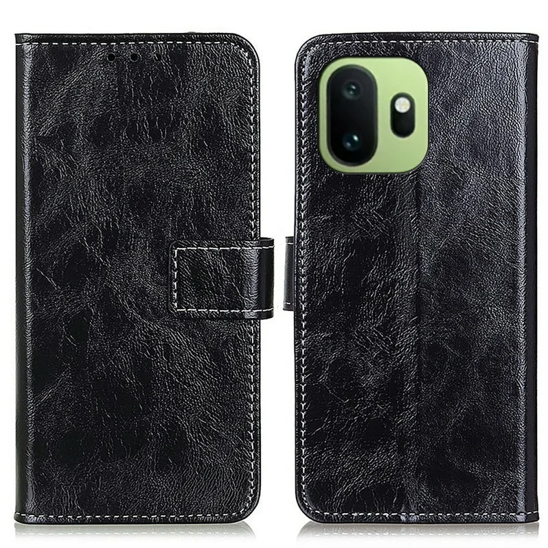 For OnePlus 15T 5G Case Wallet Leather Phone Cover Crazy Horse Texture - Black