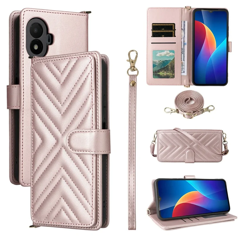 Cover in pelle con supporto e portafoglio per TCL K70 SE 4G, custodia con tracolla e cinturino da polso - Rosa