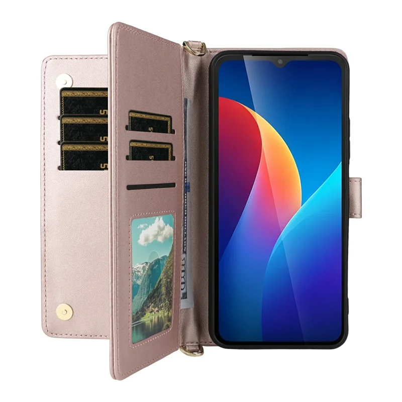 Cover in pelle con supporto e portafoglio per TCL K70 SE 4G, custodia con tracolla e cinturino da polso - Rosa