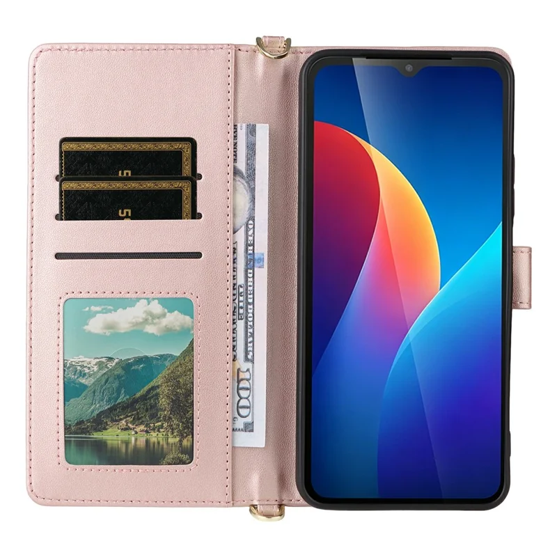 Cover in pelle con supporto e portafoglio per TCL K70 SE 4G, custodia con tracolla e cinturino da polso - Rosa