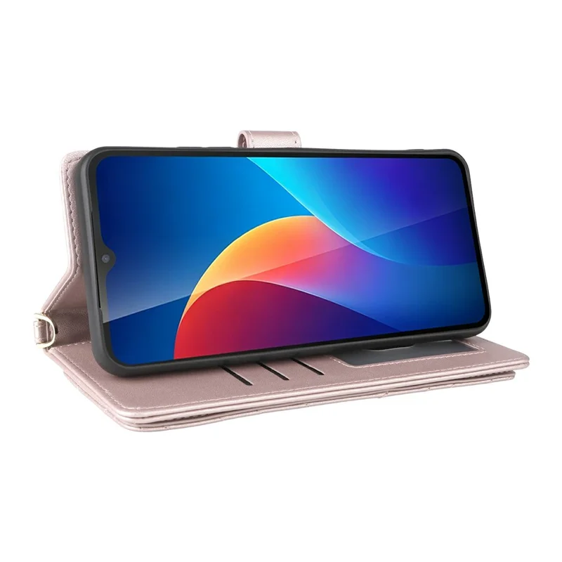 Cover in pelle con supporto e portafoglio per TCL K70 SE 4G, custodia con tracolla e cinturino da polso - Rosa