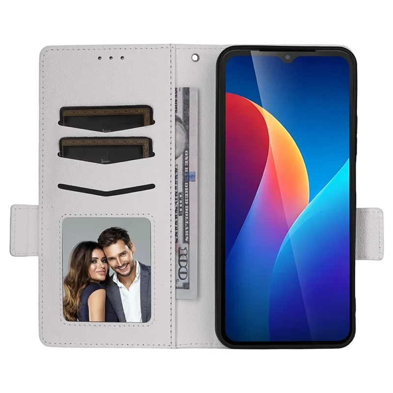 Custodia per TCL K70 SE 4G, Custodia Portafoglio in Pelle con Texture Litchi e Cinturino da Polso - Bianca