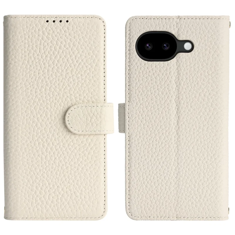 For Google Pixel 10a Stand Case Litchi Texture Genuine Cow Leather Wallet Phone Cover RFID Blocking - White