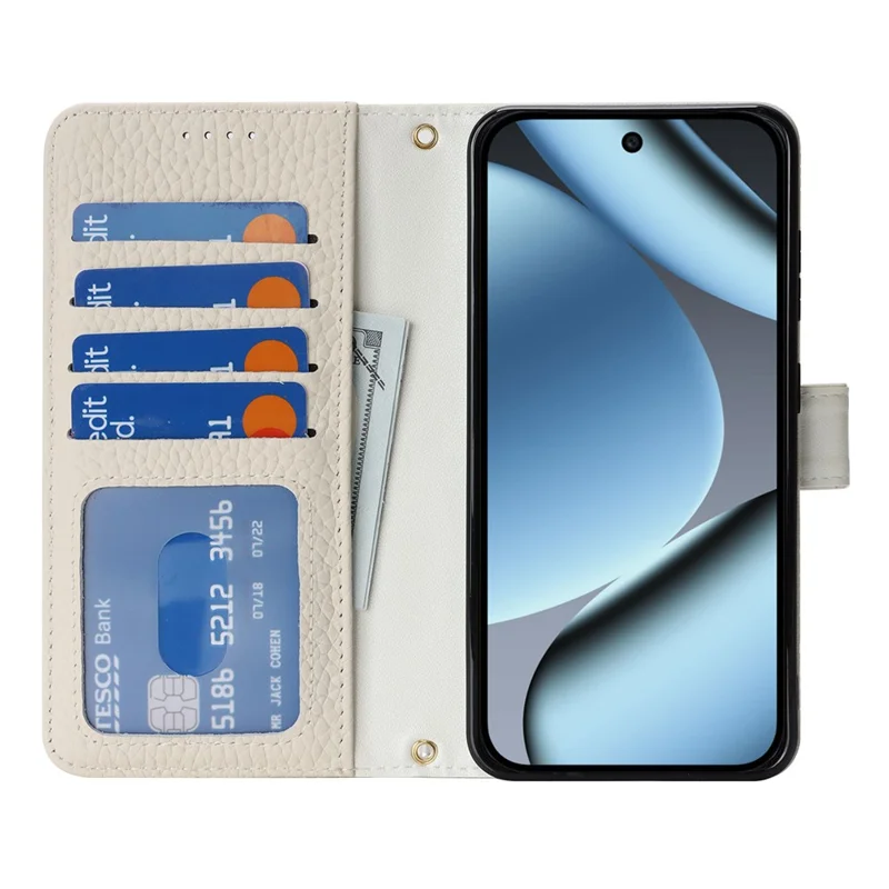 For Google Pixel 10a Stand Case Litchi Texture Genuine Cow Leather Wallet Phone Cover RFID Blocking - White