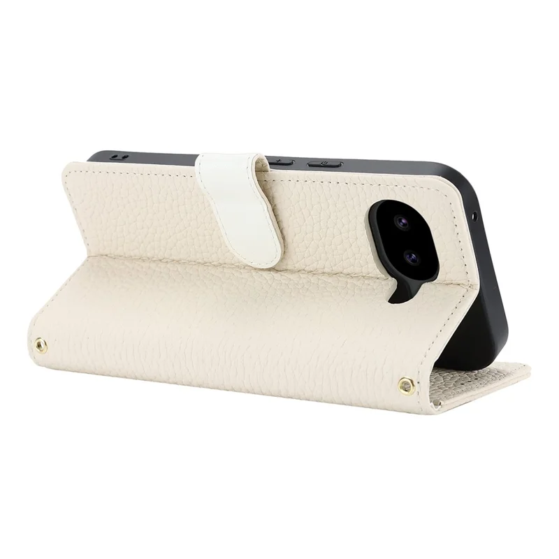 For Google Pixel 10a Stand Case Litchi Texture Genuine Cow Leather Wallet Phone Cover RFID Blocking - White