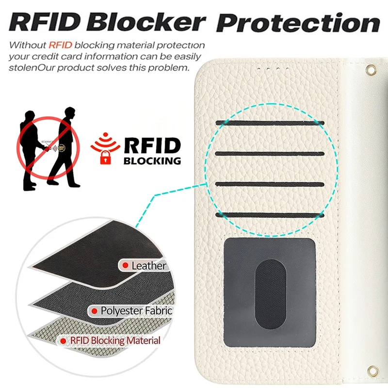 For Google Pixel 10a Stand Case Litchi Texture Genuine Cow Leather Wallet Phone Cover RFID Blocking - White