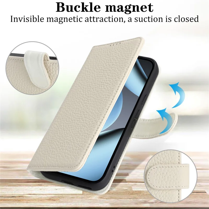For Google Pixel 10a Stand Case Litchi Texture Genuine Cow Leather Wallet Phone Cover RFID Blocking - White