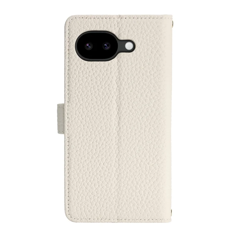 For Google Pixel 10a Stand Case Litchi Texture Genuine Cow Leather Wallet Phone Cover RFID Blocking - White