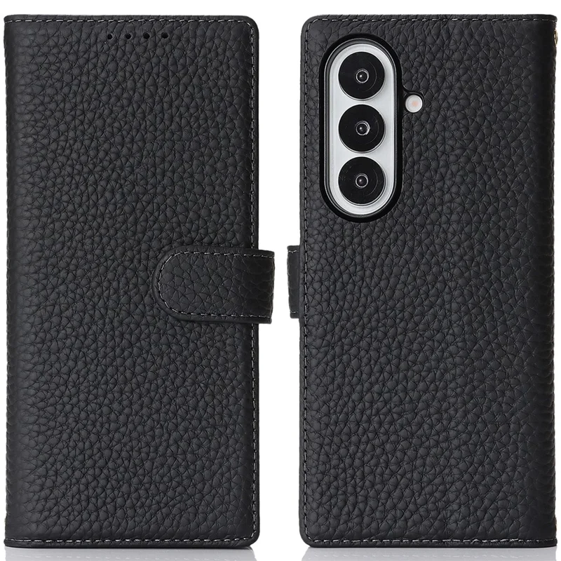 Coque support pour Samsung Galaxy Z Fold7 5G, étui portefeuille en véritable cuir de vache texturé lychee, protection RFID - Noir