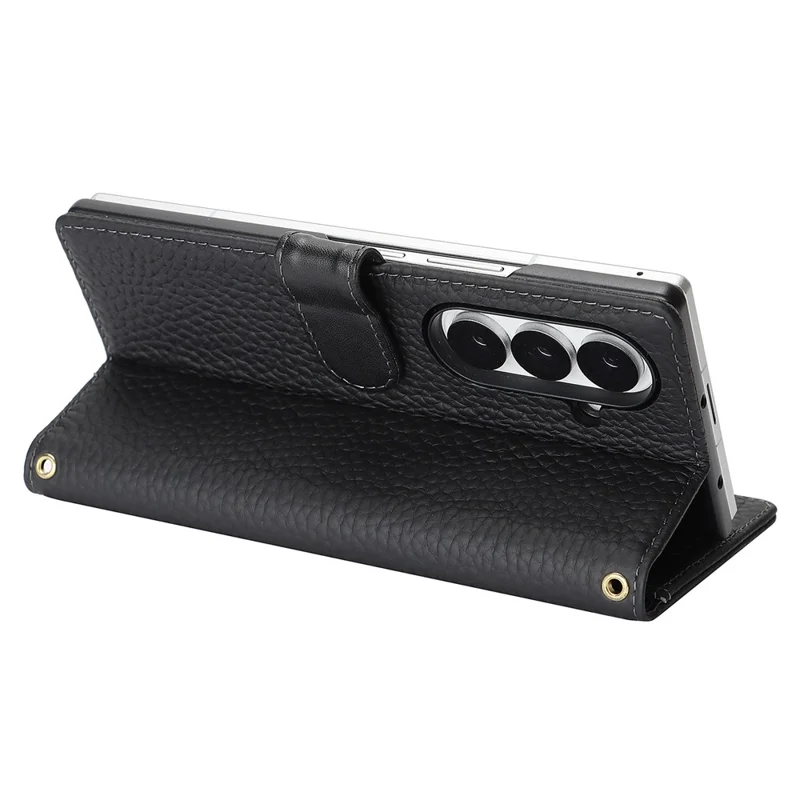 Coque support pour Samsung Galaxy Z Fold7 5G, étui portefeuille en véritable cuir de vache texturé lychee, protection RFID - Noir