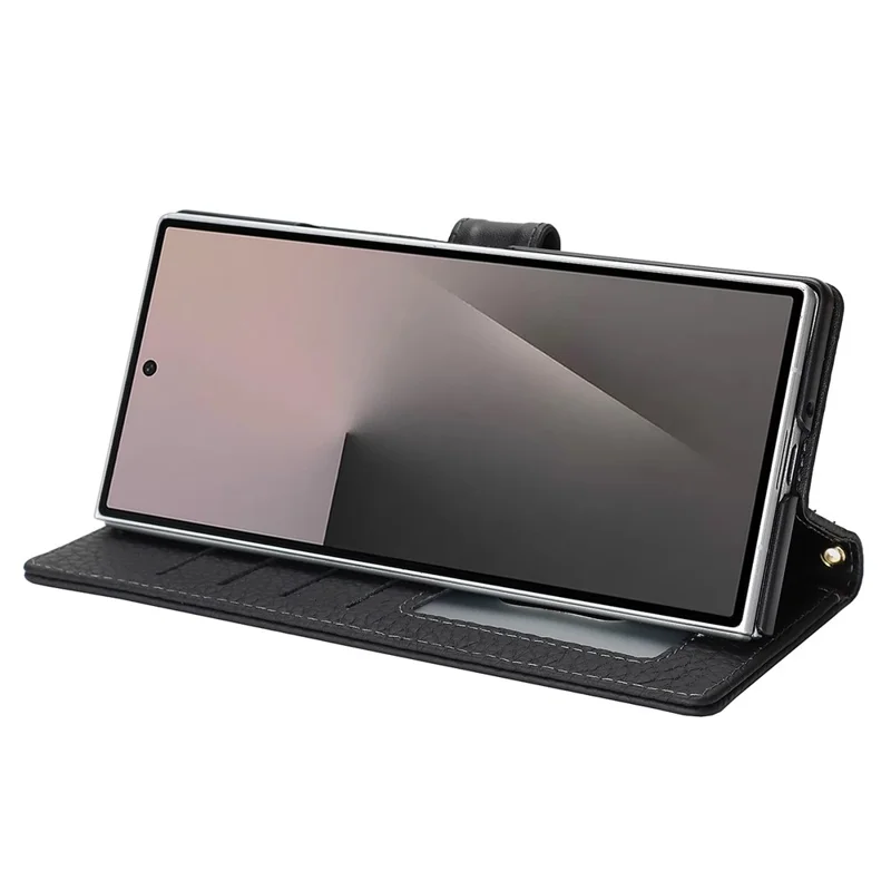 Coque support pour Samsung Galaxy Z Fold7 5G, étui portefeuille en véritable cuir de vache texturé lychee, protection RFID - Noir
