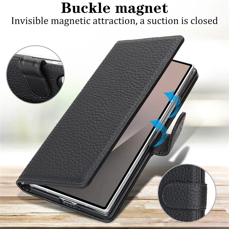 Coque support pour Samsung Galaxy Z Fold7 5G, étui portefeuille en véritable cuir de vache texturé lychee, protection RFID - Noir