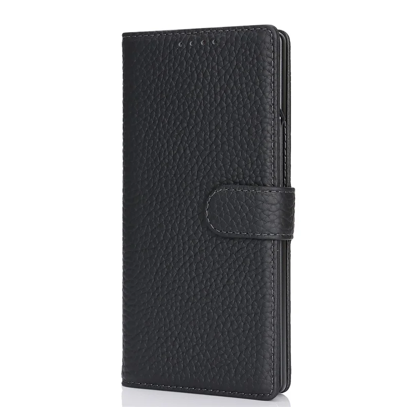 Coque support pour Samsung Galaxy Z Fold7 5G, étui portefeuille en véritable cuir de vache texturé lychee, protection RFID - Noir