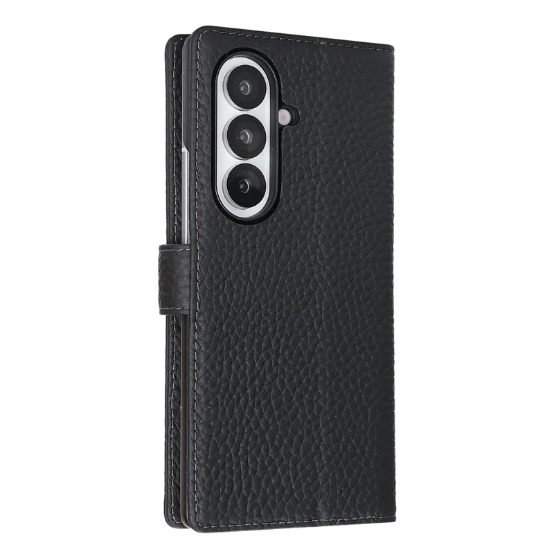 Coque support pour Samsung Galaxy Z Fold7 5G, étui portefeuille en véritable cuir de vache texturé lychee, protection RFID - Noir