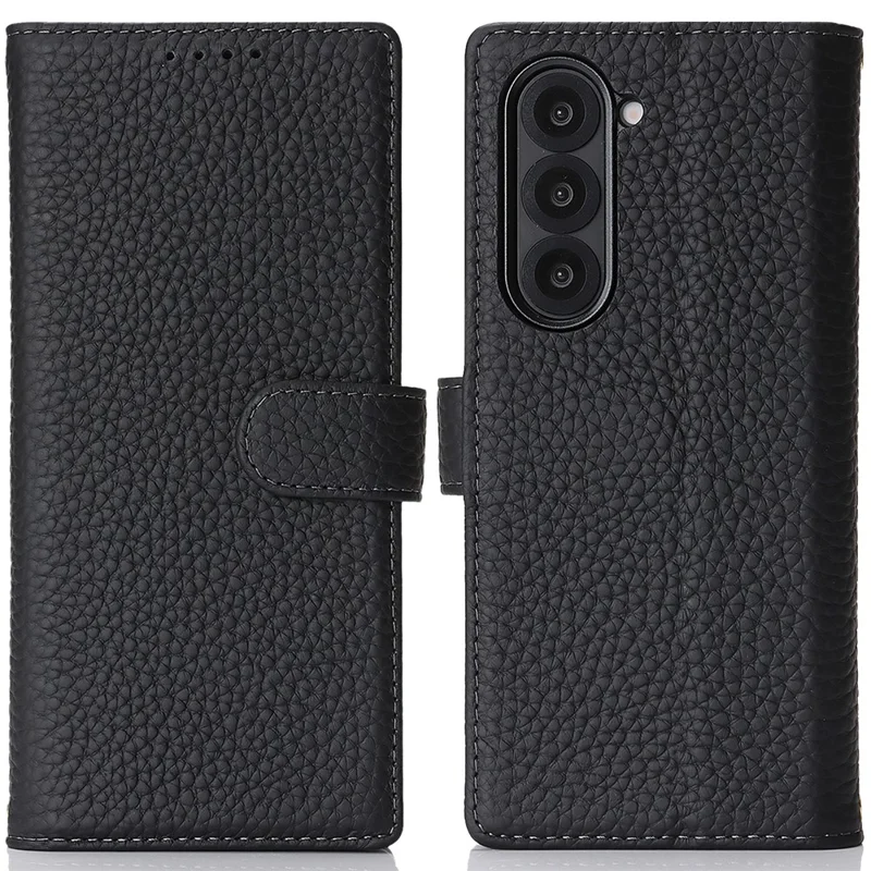 Til Samsung Galaxy Z Fold6 5G ståfunktion lækkestruktur ægte oksekøds læder wallet telefon dæksel RFID-blokerende - Sort