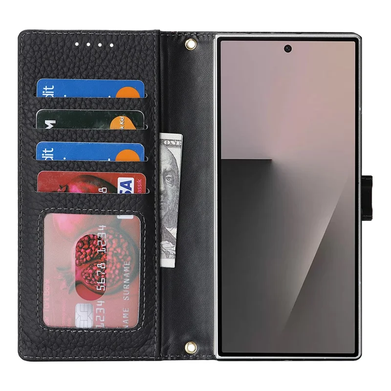 Til Samsung Galaxy Z Fold6 5G ståfunktion lækkestruktur ægte oksekøds læder wallet telefon dæksel RFID-blokerende - Sort