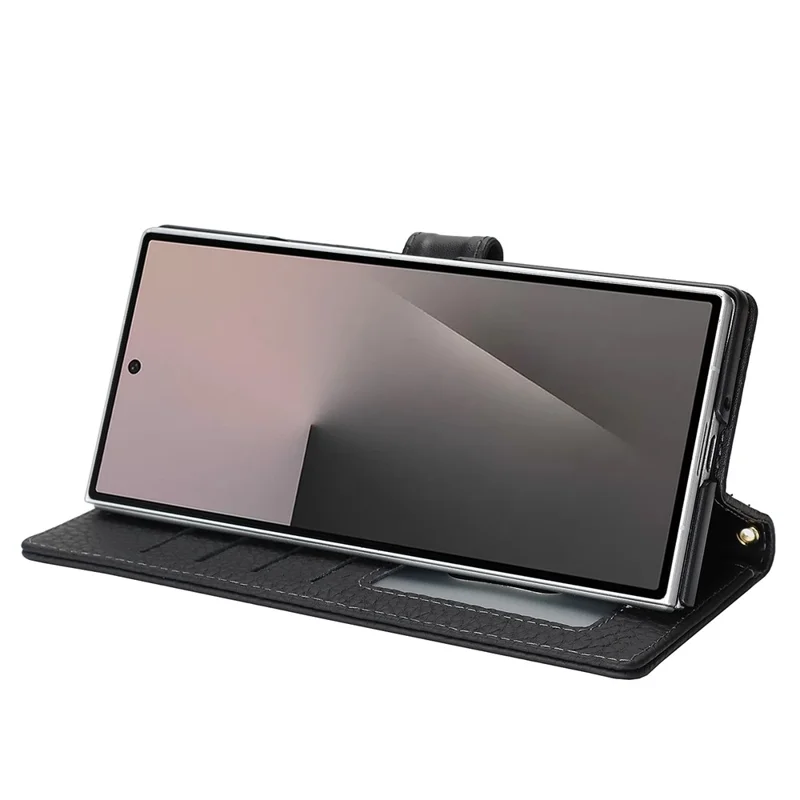 Til Samsung Galaxy Z Fold6 5G ståfunktion lækkestruktur ægte oksekøds læder wallet telefon dæksel RFID-blokerende - Sort