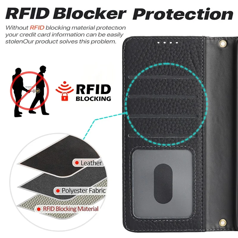 Til Samsung Galaxy Z Fold6 5G ståfunktion lækkestruktur ægte oksekøds læder wallet telefon dæksel RFID-blokerende - Sort