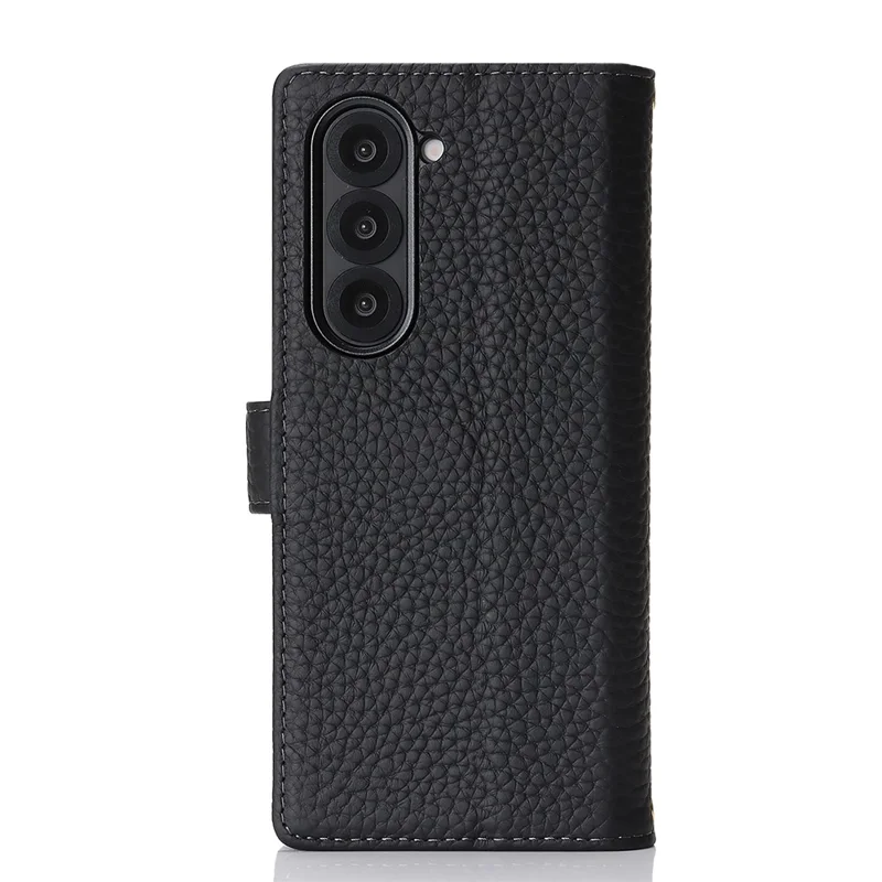 Til Samsung Galaxy Z Fold6 5G ståfunktion lækkestruktur ægte oksekøds læder wallet telefon dæksel RFID-blokerende - Sort