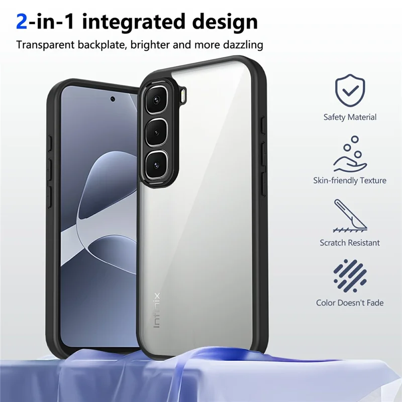 For Infinix Hot 70 Case Matte Skin Touch Clear PC + TPU Shockproof Phone Back Cover - Black