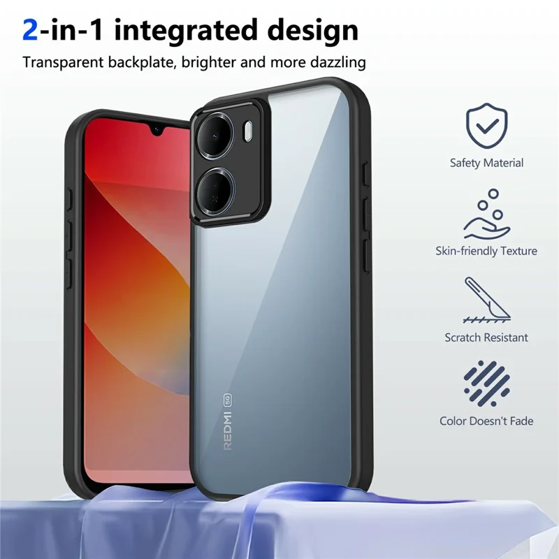 For Xiaomi Redmi 15a 5G Case Matte Skin Touch Clear PC + TPU Shockproof Phone Back Cover - Black
