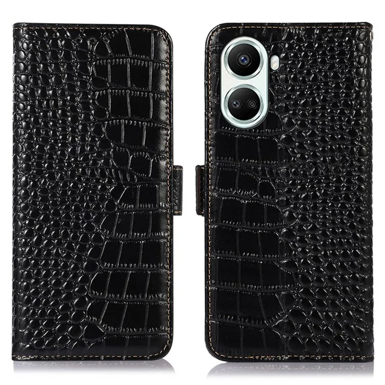 For Huawei nova 10 SE 4G RFID Blocking Phone Case Crocodile Texture Genuine Cowhide Leather Wallet Stand Cover - Black