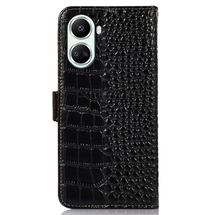 For Huawei nova 10 SE 4G RFID Blocking Phone Case Crocodile Texture Genuine Cowhide Leather Wallet Stand Cover - Black