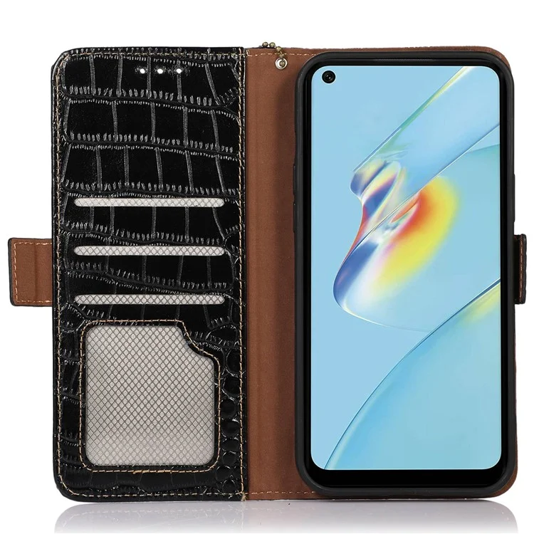 Für Oppo A58 5G Krokodiltextur Echte Cowide Leder -telefonhülle Wallet Stand Cover Mit RFID -blockierungsfunktion - Schwarz