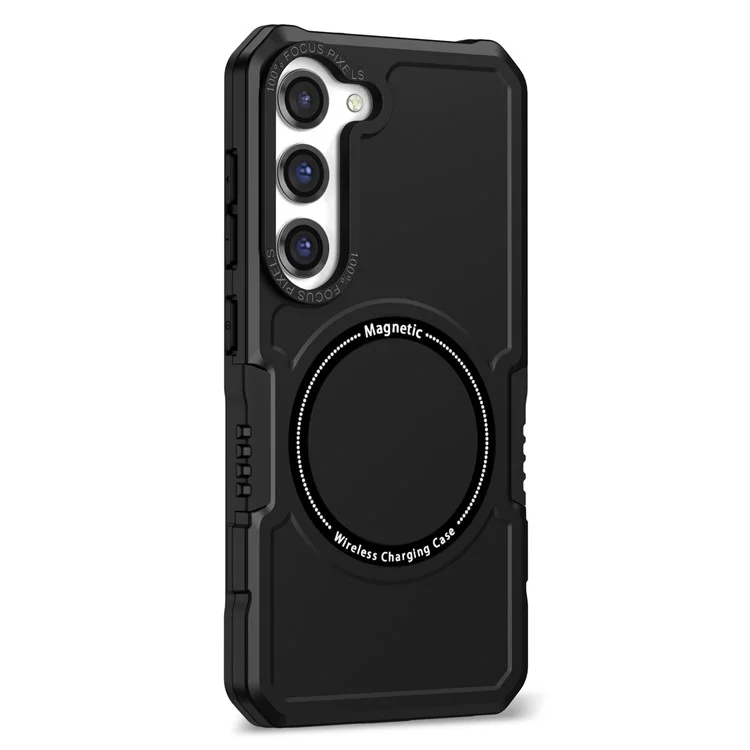 Pour Samsung Galaxy S23+ Cadre de l'objectif de la caméra Conception de la coque du téléphone Chargement sans fil magnétique PC + Étui de protection en TPU antichoc - Noir