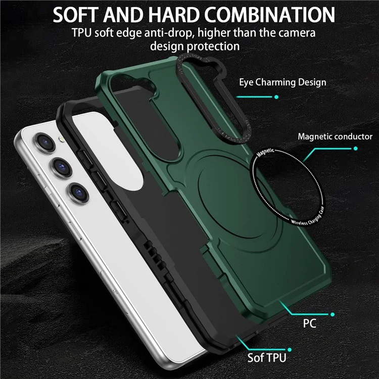 Pour Samsung Galaxy S23 Plus Camera Lens Cadre Design Téléphone Téléphone Magnetic Wireless Charging PC + TPU Appiration du Toch - Vert
