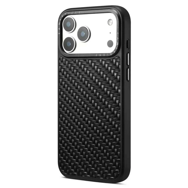 DENIOR A26 For iPhone 17 Pro Magnetic Case Woven Texture Genuine Cow Leather Coated TPU PC Phone Cover - Black