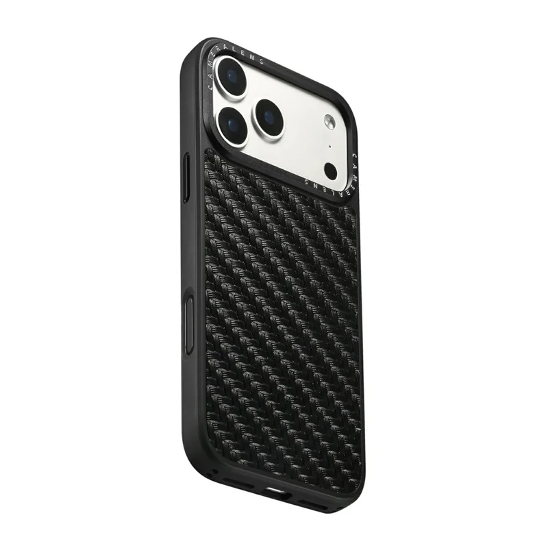 DENIOR A26 For iPhone 17 Pro Magnetic Case Woven Texture Genuine Cow Leather Coated TPU PC Phone Cover - Black