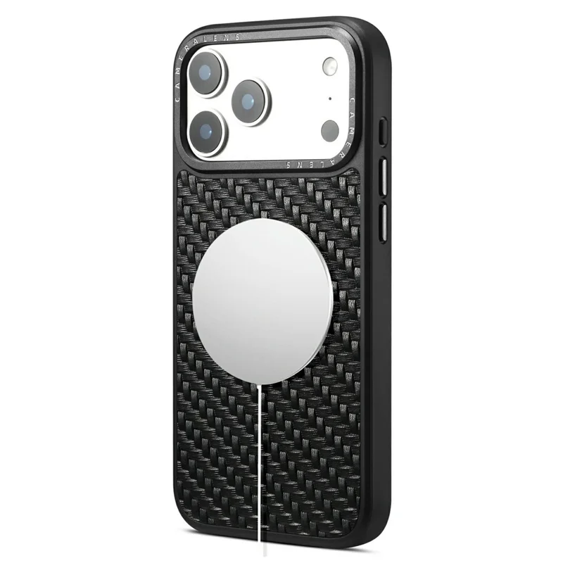 DENIOR A26 For iPhone 17 Pro Magnetic Case Woven Texture Genuine Cow Leather Coated TPU PC Phone Cover - Black