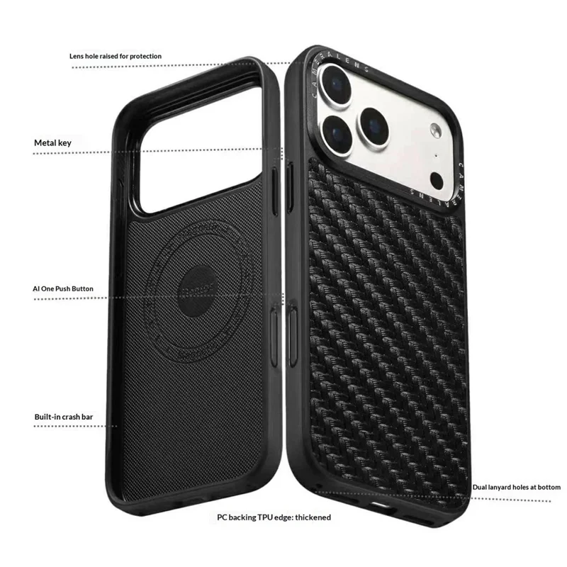 DENIOR A26 For iPhone 17 Pro Magnetic Case Woven Texture Genuine Cow Leather Coated TPU PC Phone Cover - Black