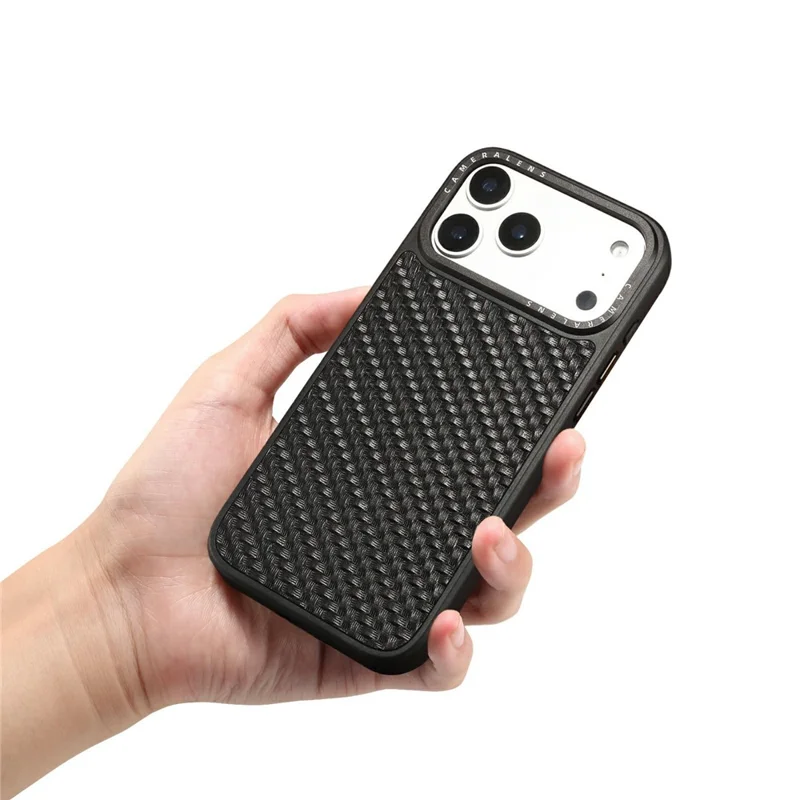 DENIOR A26 For iPhone 17 Pro Magnetic Case Woven Texture Genuine Cow Leather Coated TPU PC Phone Cover - Black