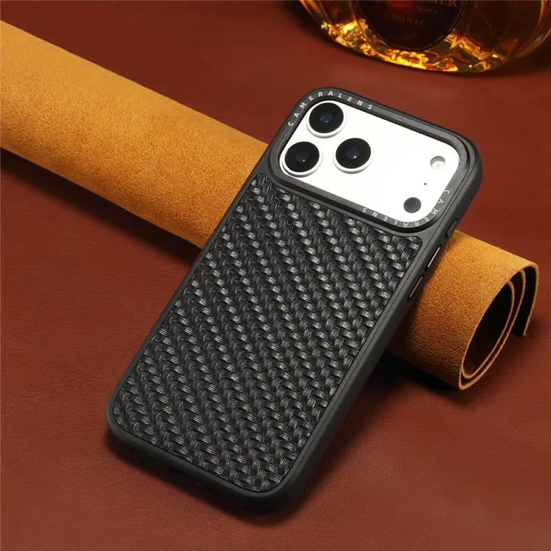 DENIOR A26 For iPhone 17 Pro Magnetic Case Woven Texture Genuine Cow Leather Coated TPU PC Phone Cover - Black