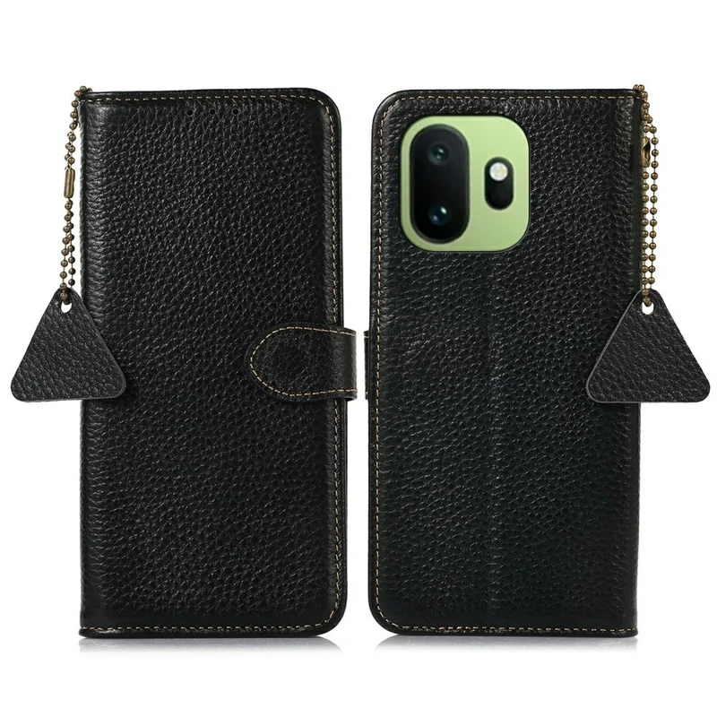 For OnePlus 15T 5G Case RFID Blocking Genuine Cow Leather Phone Cover Litchi Texture - Black