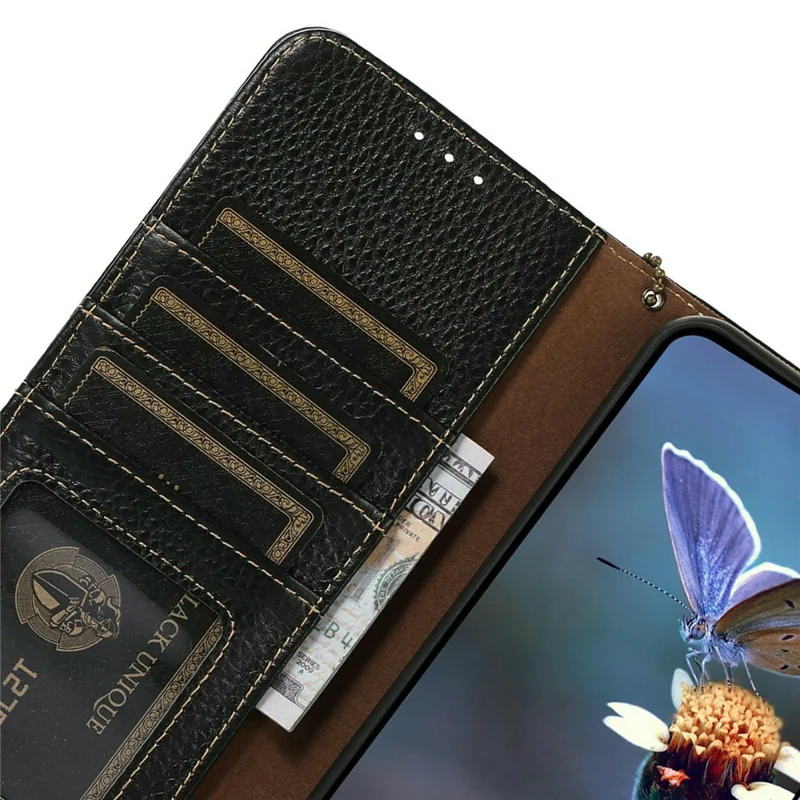 For OnePlus 15T 5G Case RFID Blocking Genuine Cow Leather Phone Cover Litchi Texture - Black